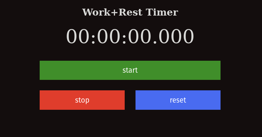 A stop watch style timer with the title text "Work plus Rest timer" showing a timer with all zeros, a green start button, a red stop button, and a blue reset button.