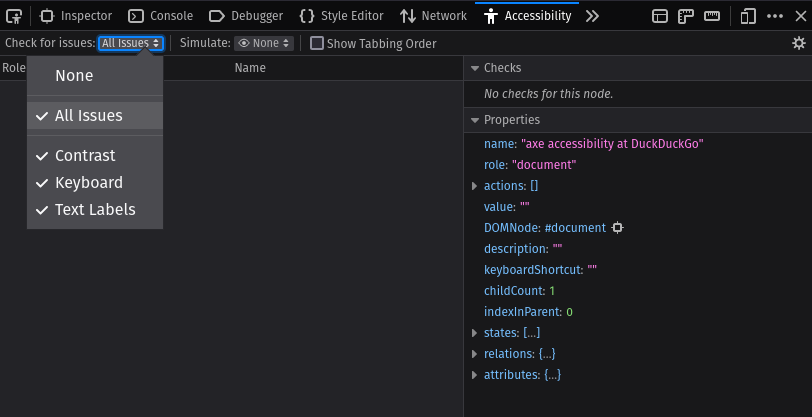 The Firefox developer tools showing the Accessibility panel. In the panel, users are shown how they can check for various accessibility issues of a web page, simulate vision impairments, or show the tabbing order of a page.